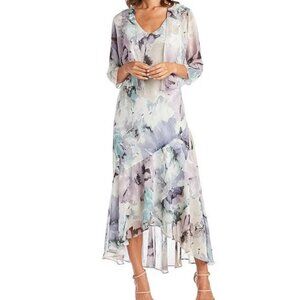 R & M Richards "Watercolor" Chiffon High-Low Dress & Jacket, size 12, never worn
